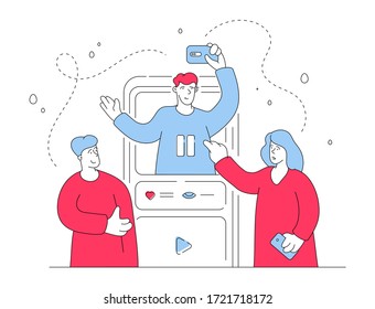 Vector illustration of red and blue contemporary man and woman pausing video on modern smartphone while watching popular vlog online together. Flat style illustration, thin line art design