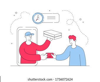 Vector illustration of red and blue contemporary male transferring money through smartphone app while ordering food online and waiting for delivery man. Flat style illustration, thin line art design
