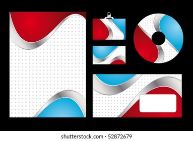 Vector illustration of red and blue corporate identity. Letterhead, business card, compact disc and postcard with abstract red and blue background.