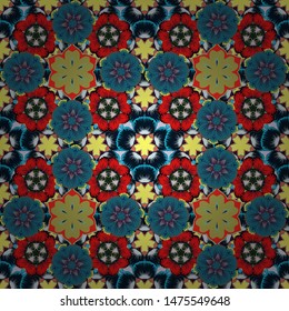 Vector illustration. Red, blue and gray shiny ornament, damask seamless pattern, abstract shapes.