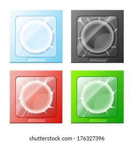 vector illustration of  red, blue, green and black condoms on white background