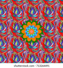 Vector illustration of red, blue and green flowers. Seamless pattern with flowers on motley background.