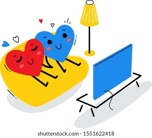 Vector illustration of red and blue happy heart sitting on sofa together and watching tv on white background. Flat style design for Valentine's Day greeting card, web, site, banner, poster, sticker