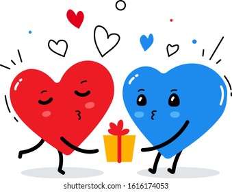 Vector illustration of red and blue heart character with gift box on white background with heart. Flat style design for Valentine's Day greeting card, web, site, banner, poster, sticker