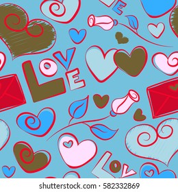 Vector illustration. Red and blue hearts, rose flower, letter and love text seamless pattern.