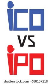 Vector illustration of red and blue ICO vs IPO lettering. Cryptocurrency, global finances, new currency emission, future money, modern trends, financial fraud concepts