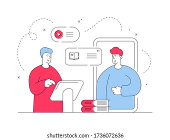 Ilustración vectorial de hombres modernos rojos y azules usando una aplicación conveniente en dispositivos contemporáneos para comprar libros digitales y de audio en línea. Ilustración de estilo plano, diseño de arte de línea delgada