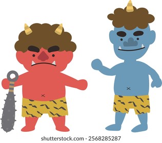 Vector illustration of red and blue ogres in watercolor style