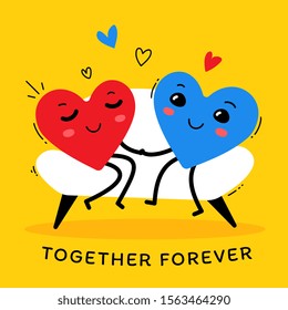 Vector illustration of red and blue smiling happy heart character sitting on sofa together on yellow background. Flat style design for Valentine's Day greeting card, web, site, banner, poster, sticker