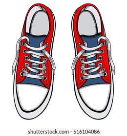 Vector illustration red and blue sports sneakers with white laces isolated on white background, hand drawn, top view