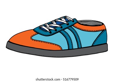 Vector illustration red and blue sports sneakers with white laces isolated on white background, hand drawn, side view