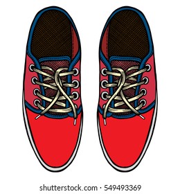 Vector illustration red and blue sports sneakers with white laces isolated on white background, hand drawn, top view