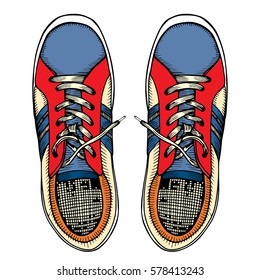 Vector illustration red and blue sports sneakers with white laces isolated on white background, hand drawn, top view