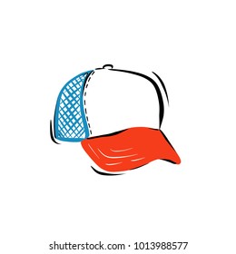 Vector Illustration Of Red And Blue Trucker Hat.