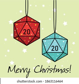 Vector illustration of red and blue twenty sided dice in Christmas style, with sparkles and the inscription "Merry Christmas" on a green background