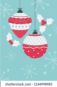 Vector illustration of red, blue and white Christmas ornaments against winter snowflake background