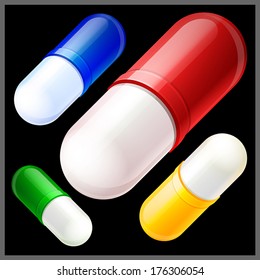 vector illustration of  red, blue, yellow and green pills on black background