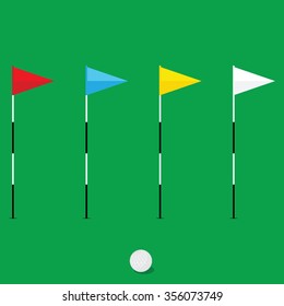 Vector illustration red, blue, yellow and white flags of the golf course on green background. White golf ball