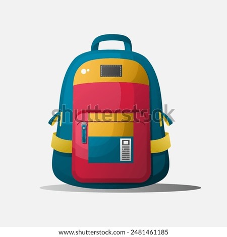 Vector illustration of a red, blue and yellow children's school backpack isolated on a white background