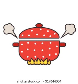 Vector illustration of red boiling pot on fire. 