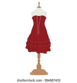 Vector illustration red, bordo elegant cocktail and evening woman dress  design on mannequin for boutique. 