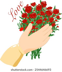 vetor Ilustração, buquê vermelho, flor, mão, romance, símbolo, clip-art, Dia dos Namorados, namoro, namoro, presente, decoração, celebração, mão humana, cartão de dia dos namorados, doação, primavera, arte, amarelo, cores