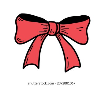 Vector illustration of Red Bow on white isolated background. Hand drawn Ribbon for gift