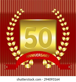 Vector illustration of Red bow. Ribbon anniversary - 50. Gold laurel leaves, gold frame.