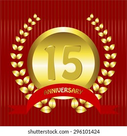 Vector illustration of Red bow. Ribbon anniversary - 15. Gold laurel leaves.