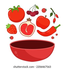 Vector illustration of a red bowl. Cartoon red vegetables and fruits.
