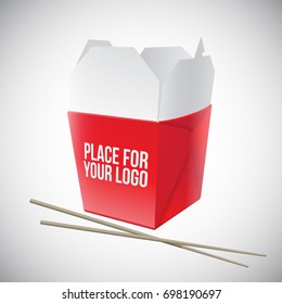 Vector illustration of a red box for asian food with a place for a logo. Red box for noodles with chopsticks