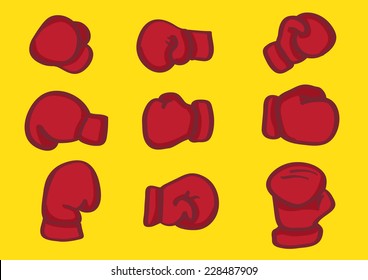 Vector illustration of red boxing gloves in different views isolated on yellow background