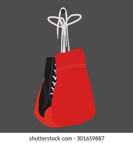 Vector illustration of red boxing gloves. Sport equipment. Pair of two boxing gloves. Hanging boxing gloves