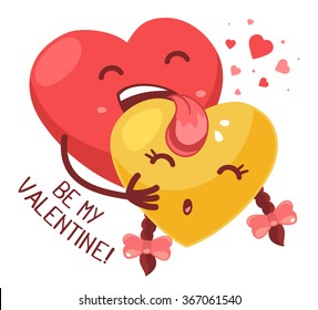 Vector illustration of red boy heart is licking yellow girl heart on white  background. Art design for Valentine's Day greetings and card, web, banner, poster, flyer, brochure, print