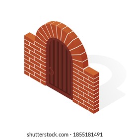 Vector illustration red brick arch with brown metal gate isolated on a white background. Colorful isometric stone architectural arch with door in flat style. Cartoon metal gate and brick wall icon.
