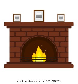 Vector illustration of red brick fireplace with framed documents, isolated on white background, in flat style.