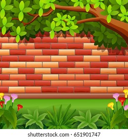 Vector illustration of Red brickwall background with tree