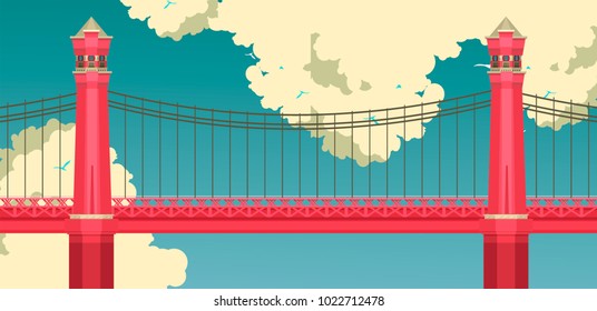 Vector illustration of a red bridge on a sky background with clouds, summer sunny day
