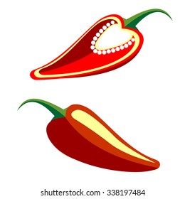 Vector illustration. Red bright chili, whole and cut, isolated over white background.Series of food and drink, and ingredients for cooking