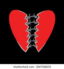 Vector illustration of a red broken heart connected by barbed wire