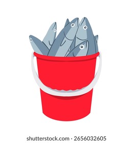 Vektorgrafik eines roten Eimers gefüllt mit frischem Fisch. Perfekt für Meeresfrüchte, Fischindustrie, Markt oder kulinarisches Bildmaterial. Sauberes und modernes Flachdesign.
