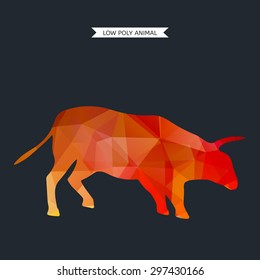 Vector illustration red bull. Animal 3d isolated. Low poly design.