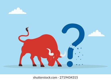 Ilustración vectorial de un toro rojo rompiendo un signo de interrogación Grande, representando fortaleza, coraje, superando la incertidumbre, acción audaz y abordando desafíos
