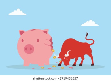 Ilustración vectorial de un Red Bull rompiendo una hucha, lo que representa una disrupción financiera, una acción audaz, una toma de riesgos, un ahorro roto y desafíos de dinero
