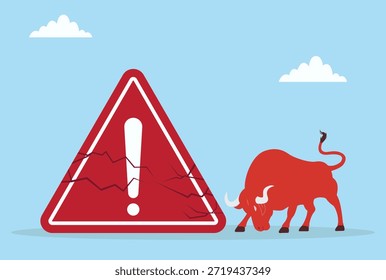 Vector illustration of a red bull breaking a warning sign, representing boldness, defying limits, challenging rules, risk-taking, and unstoppable force
