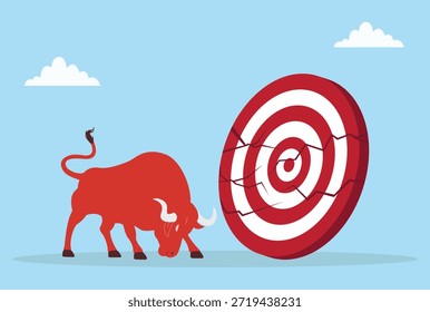 Ilustración vectorial de un toro rojo rompiendo una señal de gol, representando determinación, acción audaz, superando obstáculos, rompiendo objetivos y energía imparable
