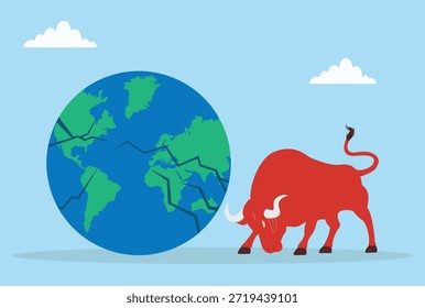 Ilustración vectorial de un toro rojo rompiendo un globo, representando una acción audaz, disrupción global, poder, límites desafiantes y fuerza imparable
