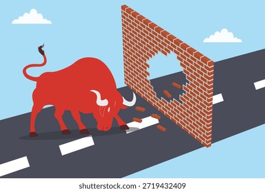 Ilustração vetorial de um touro vermelho que bate e quebra uma parede de tijolos, simbolizando poder, força, força, descoberta e superação de obstáculos
