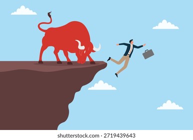 Ilustración vectorial de un toro rojo que arroja a un hombre de negocios de la cima de una montaña, simbolizando desafíos repentinos, riesgos, reveses inesperados y presión empresarial
