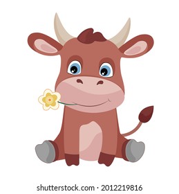 Vektorgrafik roter Stier mit gelber Blume im Mund auf weißem, isoliertem Hintergrund.